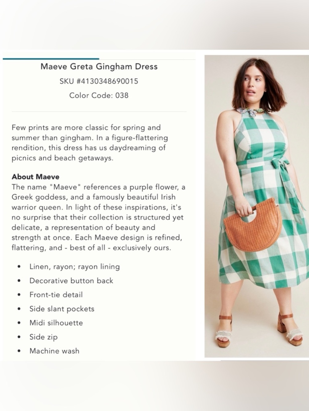 Anthropologie Maeve Greta Gingham Halter Midi Dress Green White Check NWOT 12 - Picture 14 of 16